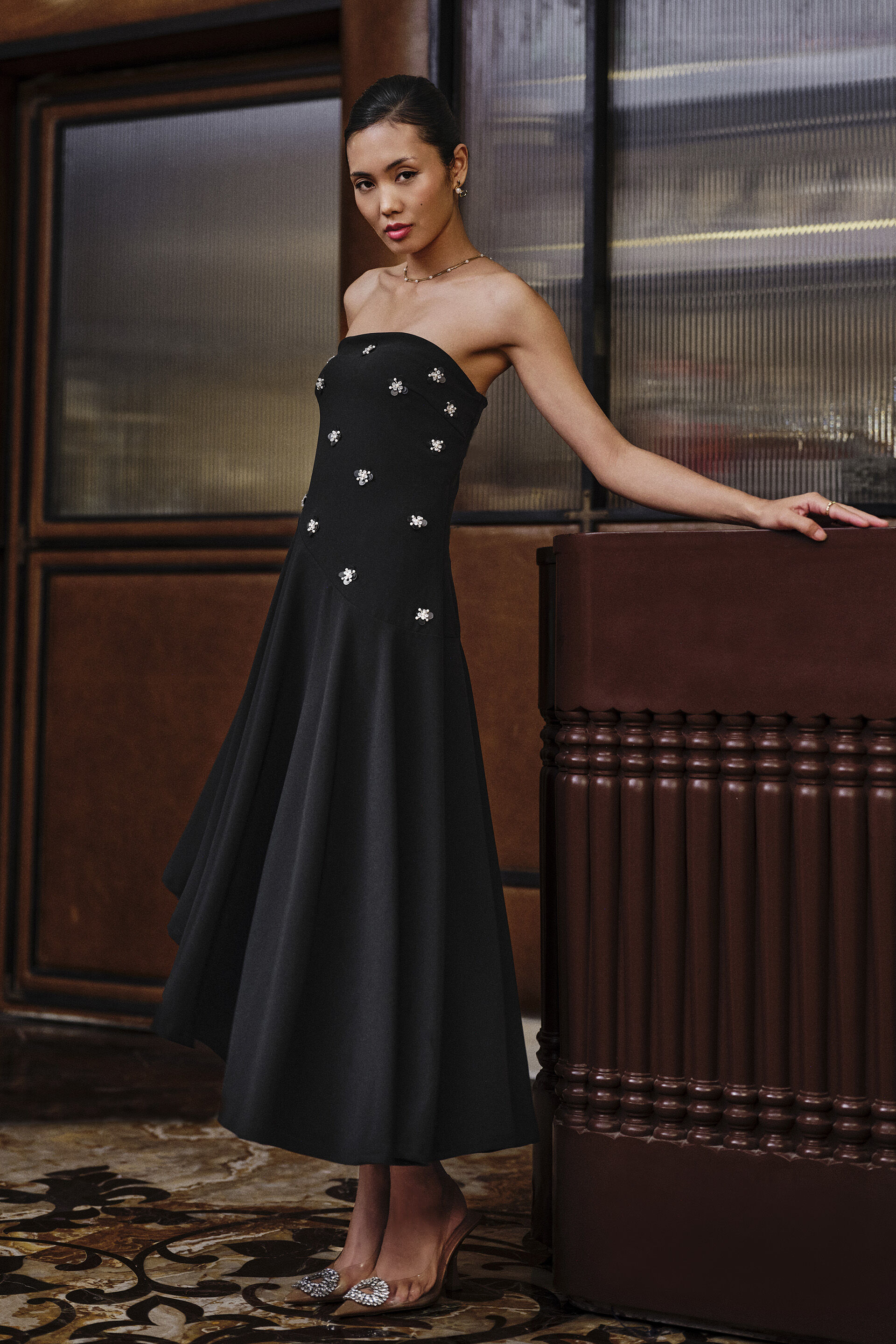 Aymmetric Embroidered Bandeau Dress in Black, Black, image 5